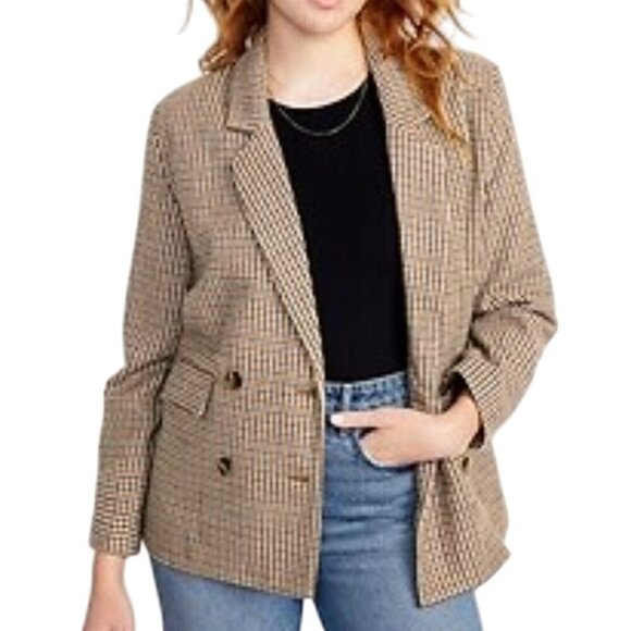 Old Navy NWT Double-Breasted Textured Blazer Brown Plaid Houndstooth Size XL - Picture 1 of 11